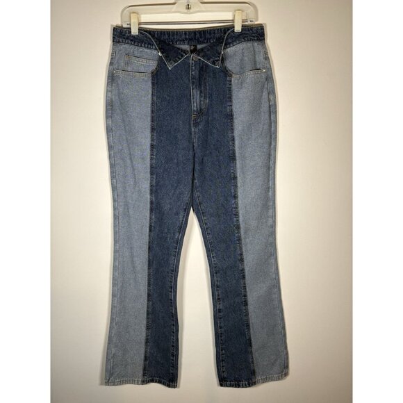 CIDER Color Block Stripe Straight Leg Jeans Shirt Collar Fold Front Waist Large - Picture 1 of 6